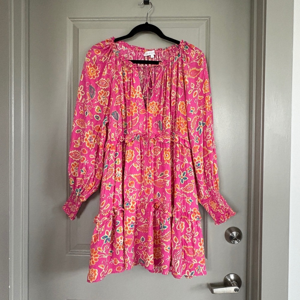 House of Harlow 1960 Floral Tiered Lurex Mini Dress Pink Large